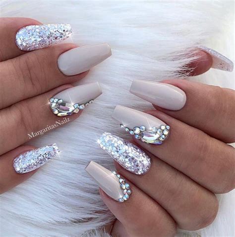 Nude Coffin Nails Silver Glitter Bling Nail Art Design On Stylevore