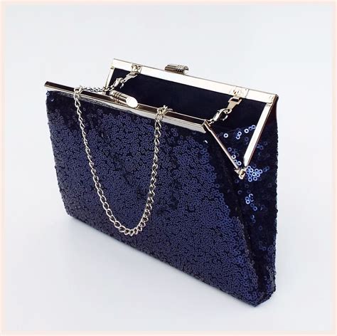 Evening Clutch Navy Blue Sequin Bag With Chain Handle Etsy