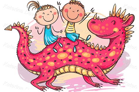 Illustration Of Happy Children Riding A Fairy Red Dragon