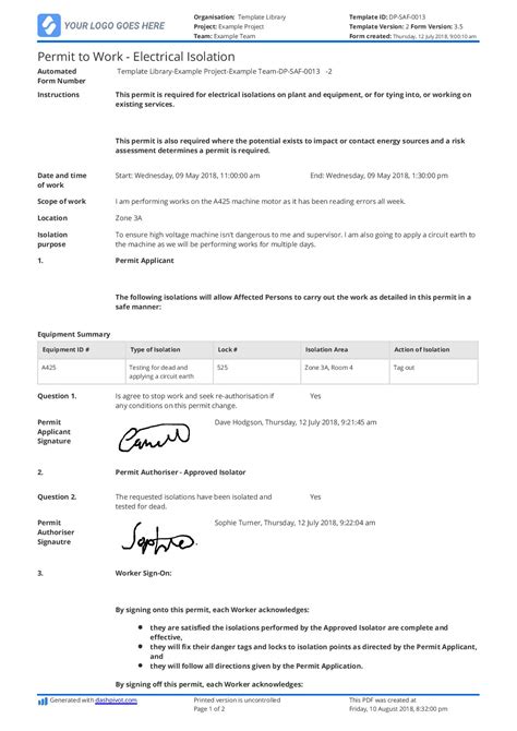 General details work activity title: Electrical Isolation Permit template: Use this template ...