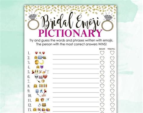 One of the most important elements of the bridal shower is the entertainment, which is where cheap (or even better free) games for bridal showers, like this printable bridal shower question game, really. Bridal Shower Game Pictionary EMOJI Pictionary Coral and ...