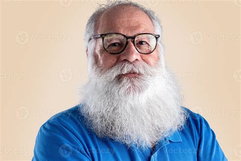 Old Man With A Long Beard On A Pastel Background Senior With Full