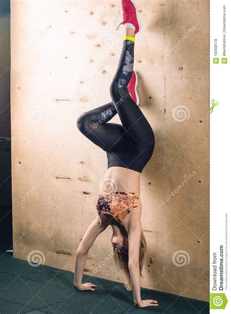 Handstand Push Up Girl Workout At Gym Pus Ups Stock Photo