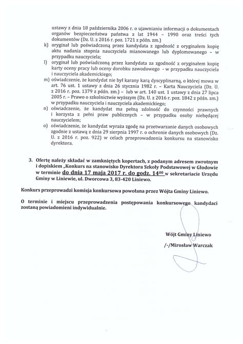Gmina Liniewo Konkurs na kandydata na stanowisko Dyrektora Szkoły