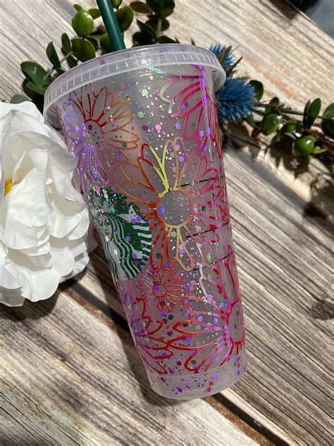 Daisy Starbucks Cup Glitter Tumbler Glitter Flower Tumbler Etsy
