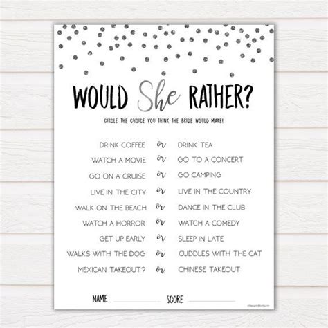 Fun guessing games, scavenger hunts and photo booths all make for great party activities that can a scavenger hunt is a classic bachelorette party game, perfect for making a night out at the bars just a. Would She Rather, Silver Bridal Shower Games, Ice Breaker ...