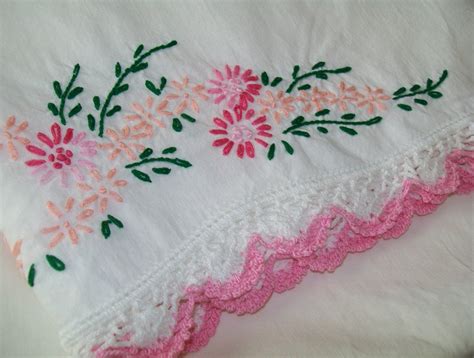Vintage Embroidered Pillowcase Embroidered Pink Floral