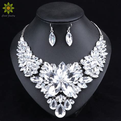 Fashion Silver Plated Bridal Jewelry Set For Brides Crystal Necklace