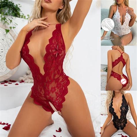Women See Through Lace One Piece Bodysuit Sexy Lingerie Halter Etsy Uk