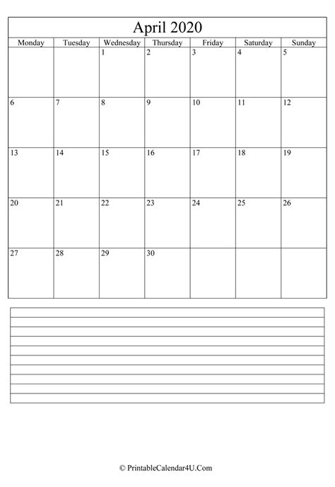Printable April Calendar 2020 With Notes Portrait