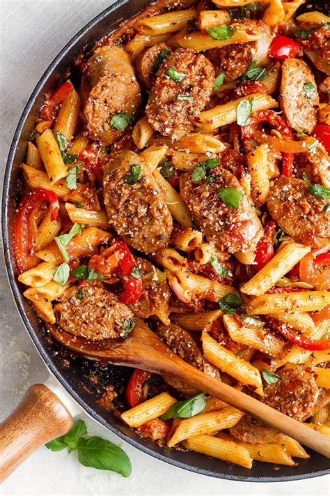 Dice onion and the garlic. 20-Minute Sausage Pasta Skillet | Sausage pasta recipes ...