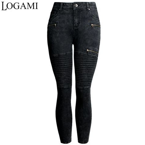 Logami New Black Motorcycle Biker Zip Jeans Woman Stretch Denim Skinny