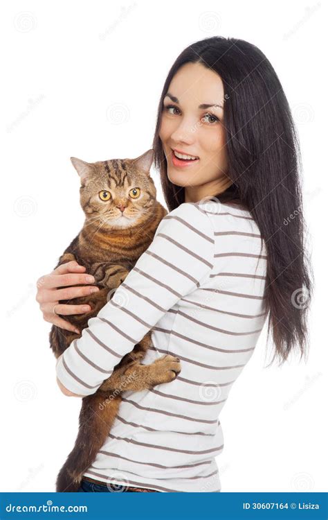 Beautiful Smiling Brunette Girl And Her Ginger Cat Stock Photo Image