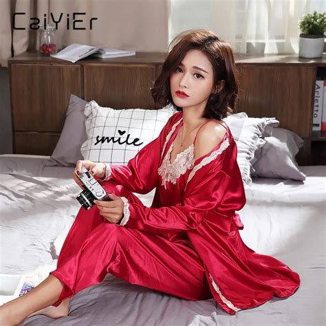 Caiyier Women Pajamas Robe Suit Spring Summer Pajamas Robe Sexy Lingerie Gown Robe Kits Sexy