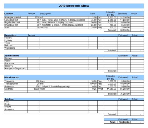 Event Budget Excel Templates