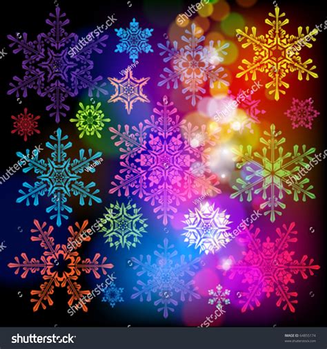 Set Of Snowflakes Falling On Background Of Twinkling Lights Stock