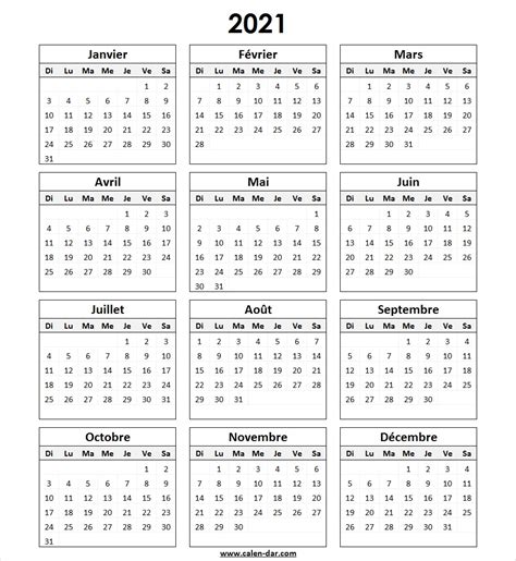 Calendrier Annuel 2021 à Imprimer Gratuit