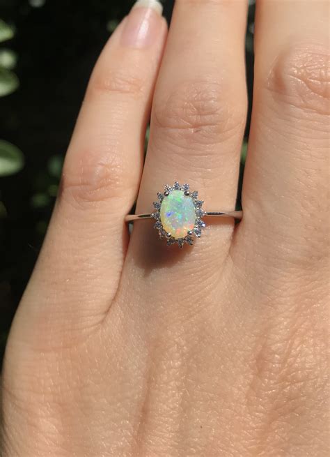 Oval Opal Halo Engagement Ring Genuine Opal Promise Ring Fire Opal
