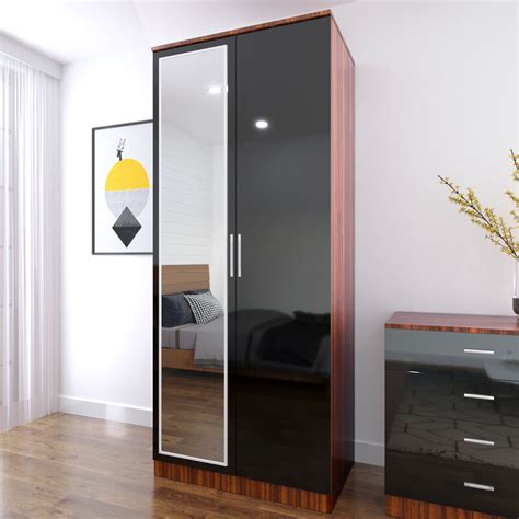 Elegant Modern High Gloss Soft Close 2 Doors Wardrobe With Mirror And Metal Handles Includes A
