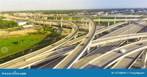 Panoramic Top View Five Level Stack Expressway Viaduct In Houston