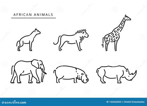 African Savanna Animals Set Outline Vector Illustration Stock Vector