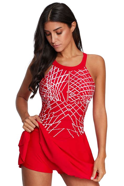Red Printed Boyshort Swimdress Tankini With Swim Dress Printed