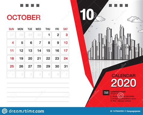 Desk Calendar 2020 Template Vector October 2020 Month Business Layout