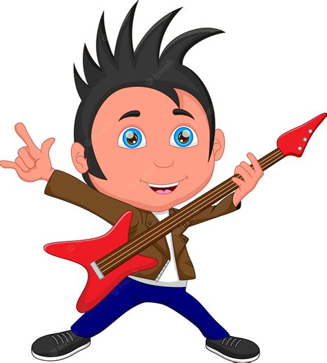 Niño Tocando La Guitarra De Dibujos Animados Vector Premium