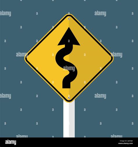 Right Winding Road Sign On Grey Sky Background Vector Illustration