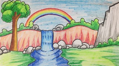 Waterfall Scenery Drawing With Rainbow Youtube