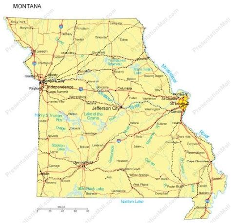Missouri Map Major Cities Roads Railroads Waterways Digital