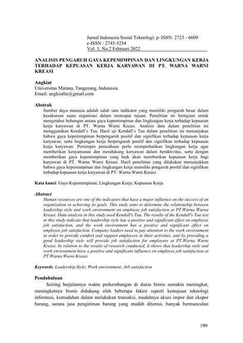 PDF Analisis Pengaruh Gaya Kepemimpinan Dan Lingkungan Kerja Terhadap