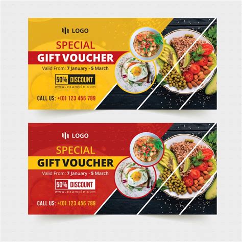 Two Food Vouchers With An Image Of Different Types Of Food In Bowls On Them