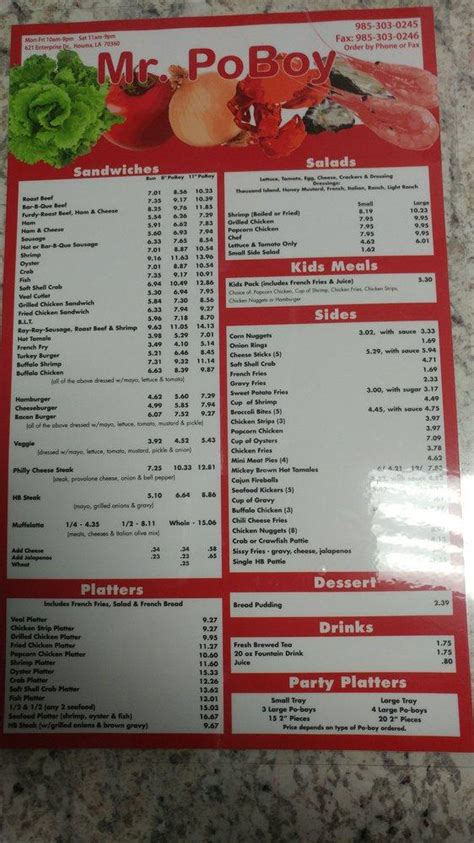 Menu At Mr Po Boy Restaurant Houma 860 Grand Caillou Rd