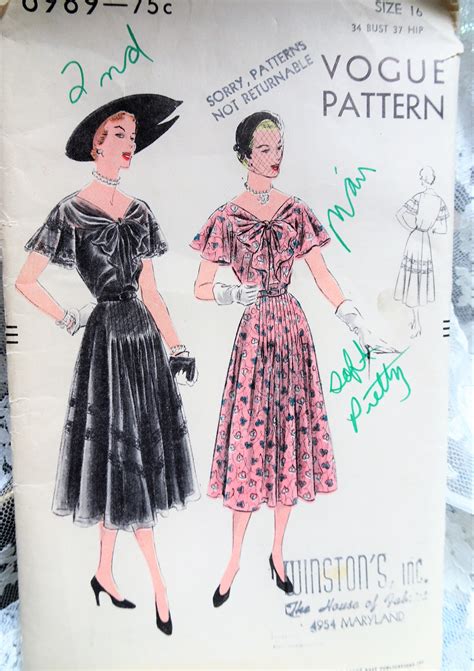 1950s Beautiful Dress Pattern Vogue 6989 Figure Flattering Day Or Party