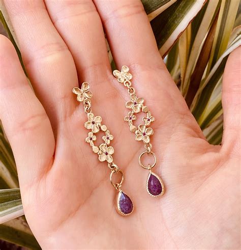 K Gold Long Dangle Earrings Set With Ruby Antique Style Etsy