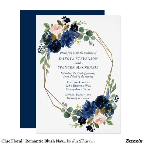 Chic Floral Romantic Blush Navy Geometric Frame Invitation Zazzle