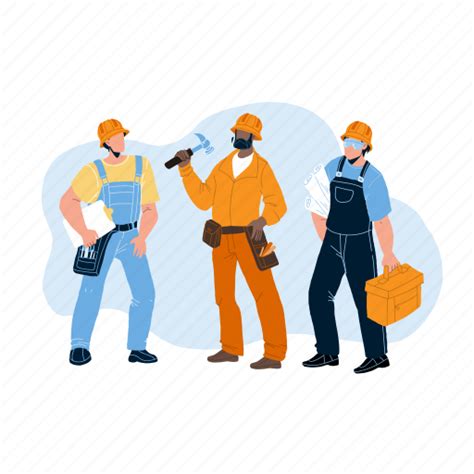 Builders Building Equipment Plan Men Wearing Uniform Illustration