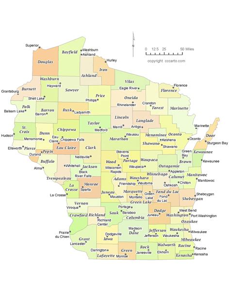 State Of Wisconsin County Map With The County Seats Cccarto