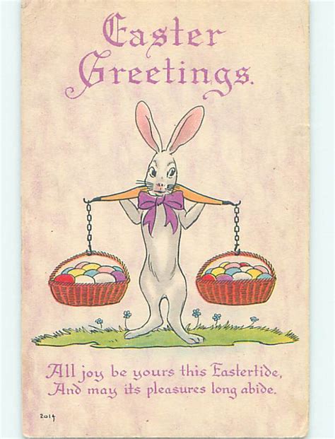 1918 Easter Humanized Bunny Rabbit Carries Two Baskets Of Eggs O6221
