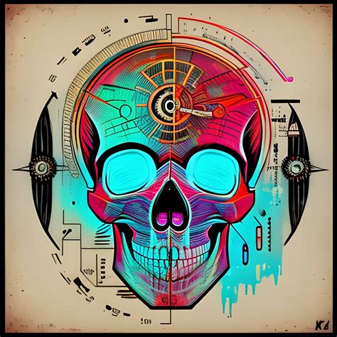 4k Acrylic Abstract Neon Skull Mechanism Art On Canvas With Brus