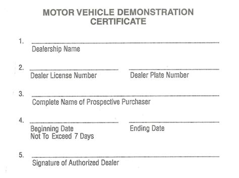Motor Vehicle Demonstration Certificates South Carolina Dealer