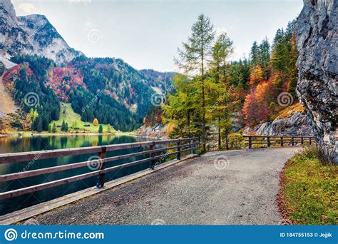 Colorful Autumn Scene Of Vorderer Gosausee Lake With Dachstein Glacier