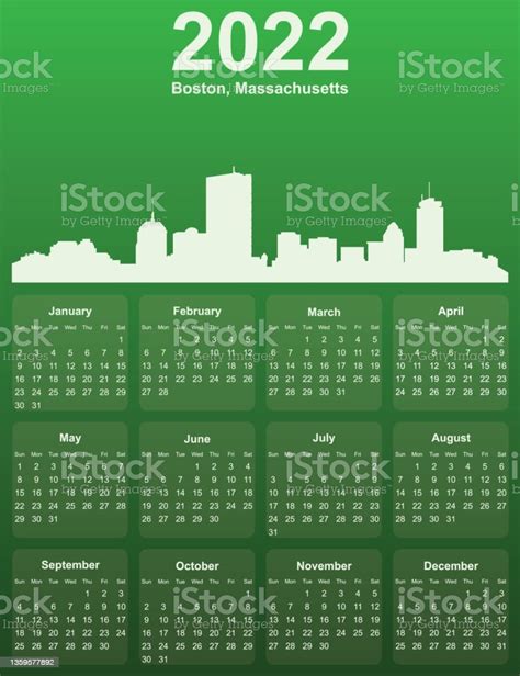 Vetores De Calendário Do Ano De 2022 Com Panorama Da Cidade De Boston