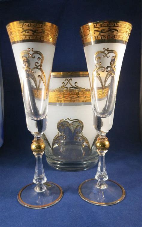 Nike Bohemia Crystal Two Champagne Glasses Flutes And Ice Bucket 24 Kt Gold Trim 1824800811
