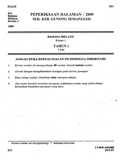 Soalan Pemahaman Bahasa Melayu Thn1