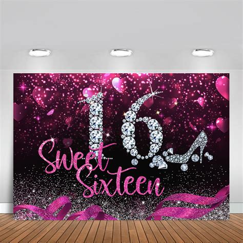 Sweet Sixteen Backdrop Girls 16th Birthday Diamond Pink Heart Ribbon Dreamybackdrop