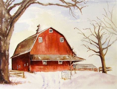 Blueberries Art And Life Red Barn In Winter Watercolor Barns Barn