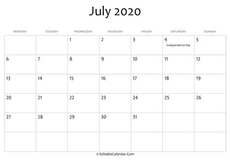 Editable Calendar July 2020