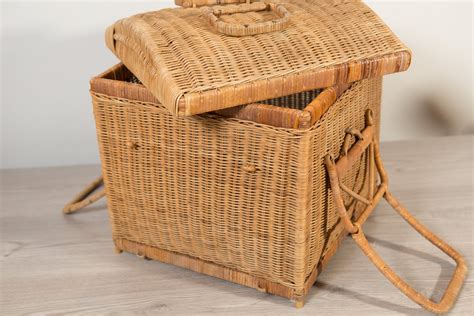 1960s Rattan Wicker Picnic Basket Vintage Brown Woven Square Basket